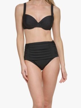 Calvin Klein High Waisted Ruched Classic Bikini Set, Black, Size Large, NWT
